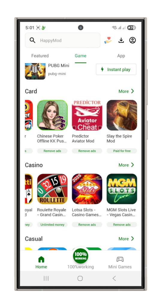 HappyMod app showing modded games catalog on Android