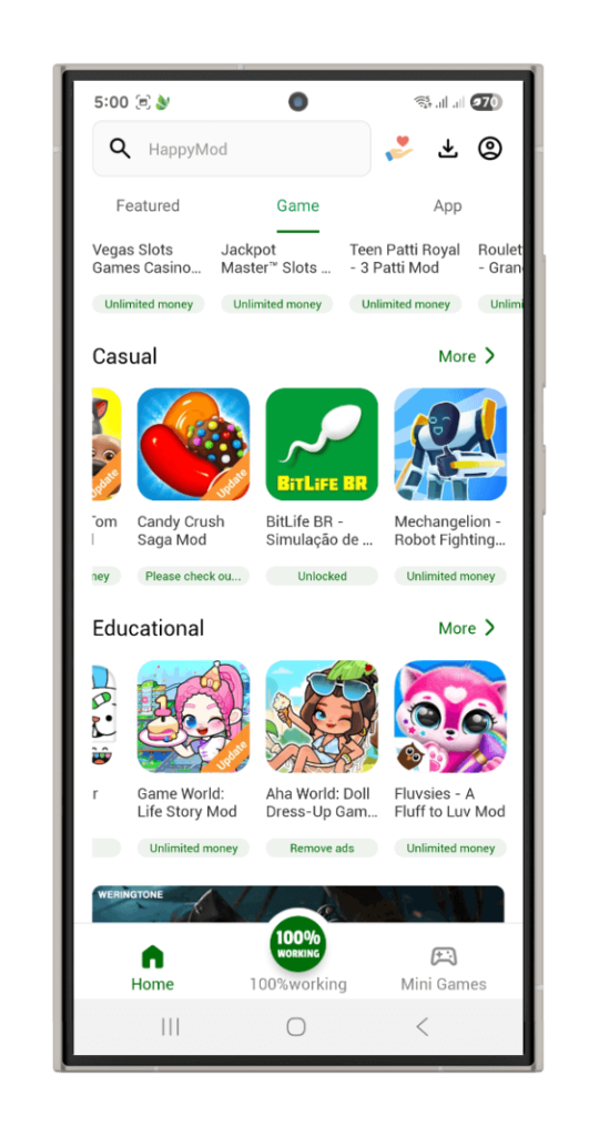 HappyMod app showing Casual and Educational game categories with mod badges