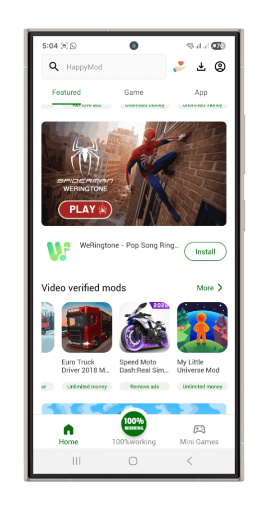 HappyMod app showing Featured section with video verified mods
